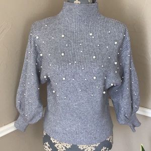 Poof Pearl Embellished Crop Turtleneck 3/4 Sleeve